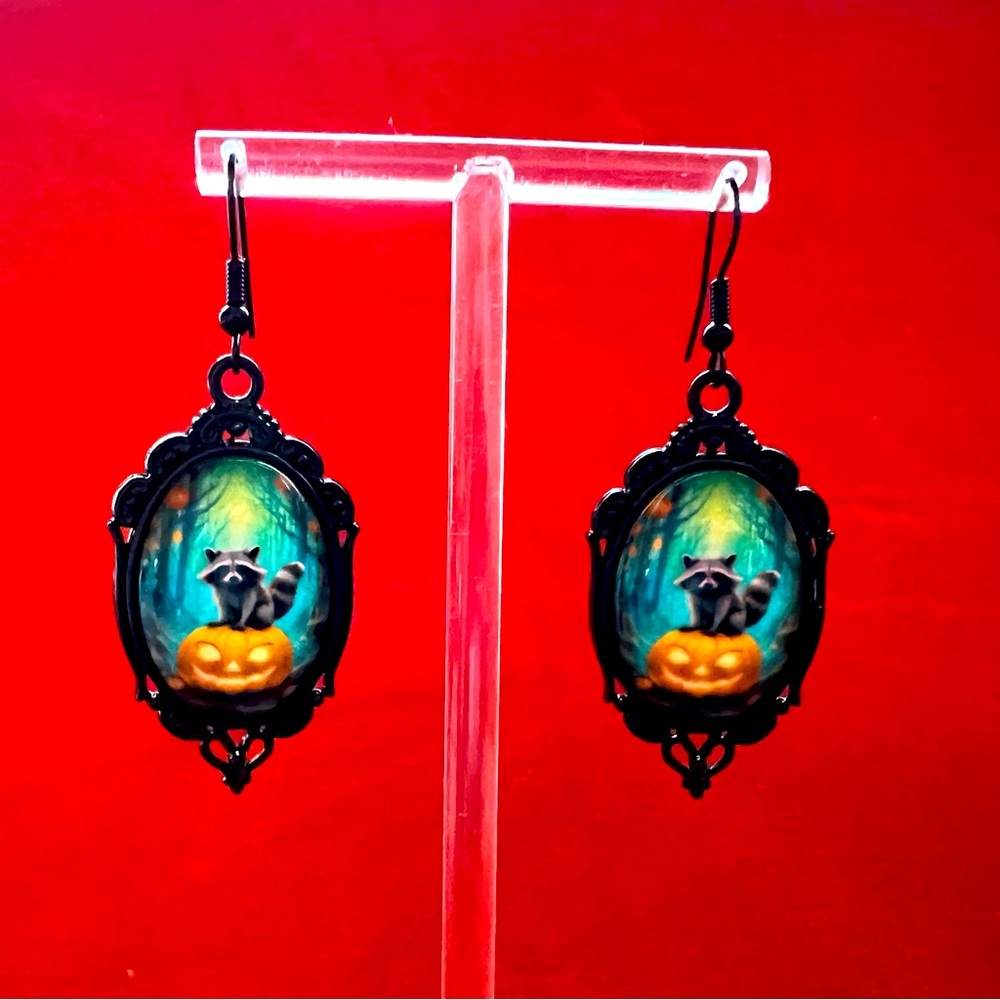 Raccoon on pumpkin full Moon Glass bubble picture new earrings